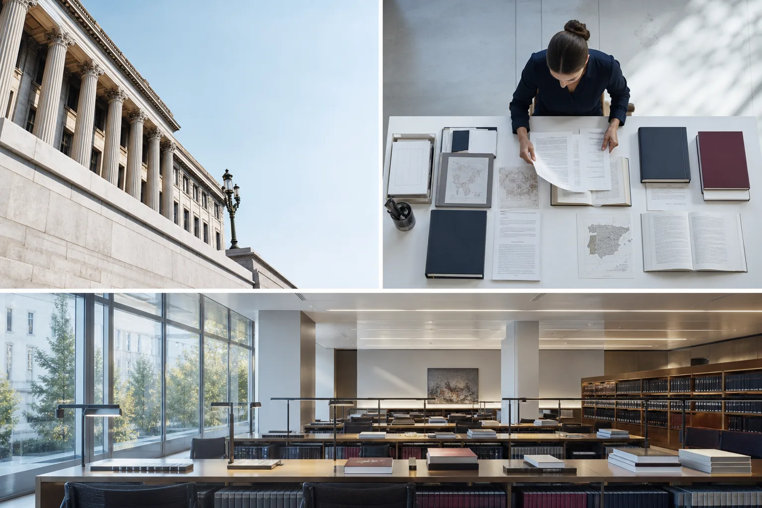 Detalle contemporáneo de una biblioteca jurídica y documentos ordenados